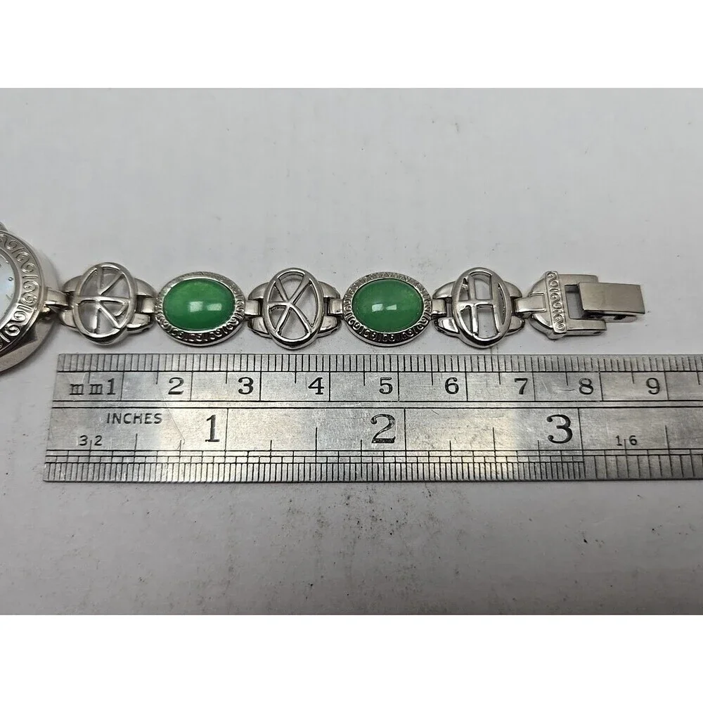 Avon Green Cabochon Oval Link Bracelet Watch Silver Tone Quartz New Battery